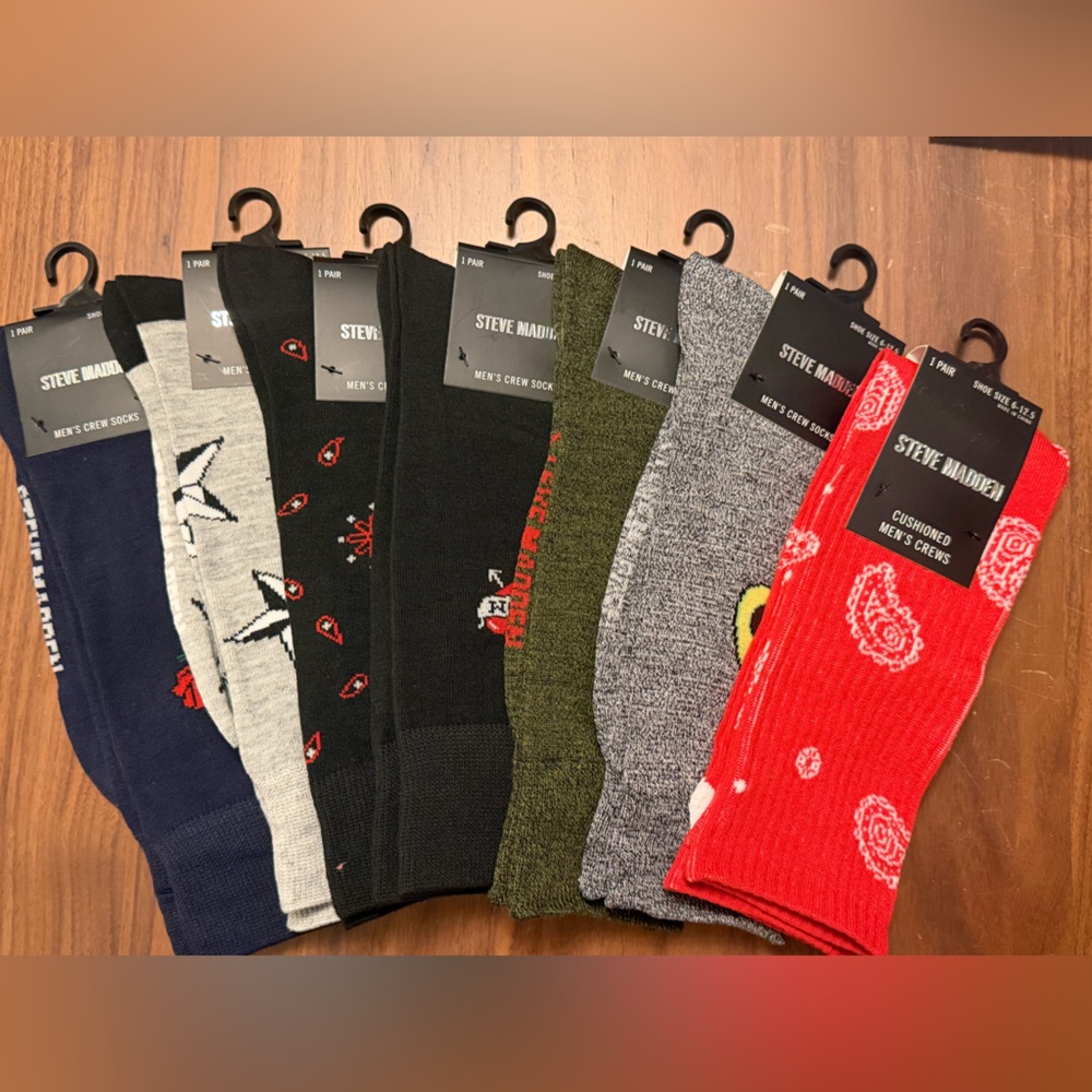 7 Pairs - One for Each Design of Steve Madden Men's Crew Socks sz. 6 - 12.5